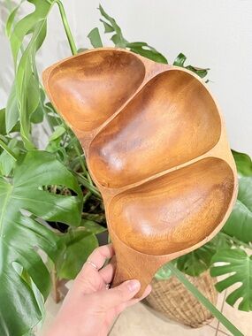 Vintage Wood Divided Serving Tray 3 Section Leaf Shape Mid Century